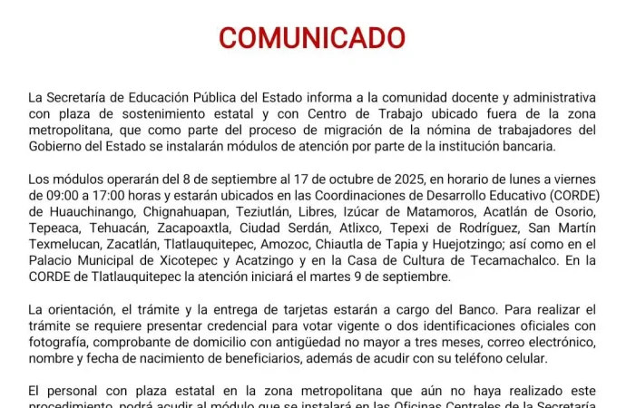 SEP instalará módulos en CORDE y sedes municipales para apoyar migración de nómina fuera de la zona metropolitana