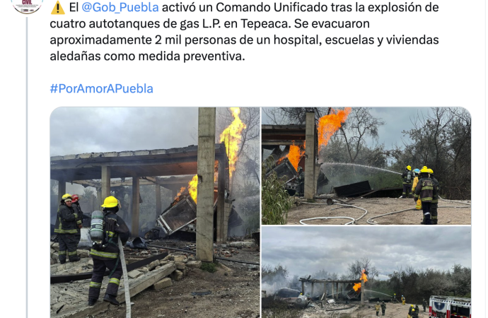 Explosión de cuatro pipas de gas en Tepeaca moviliza a autoridades estatales y municipales