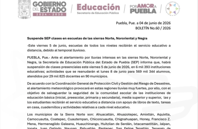 SEP Puebla suspende clases en 90 municipios por lluvias intensas este 5 de junio