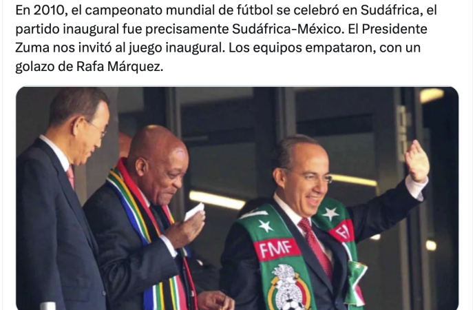 Calderón destaca su asistencia al partido inaugural del Mundial 2010; Sheinbaum opta por no acudir al Estadio Azteca en 2026