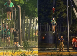 Joven es rescatada con grúa tras intentar ingresar ilegalmente al Fan Fest de Monterrey